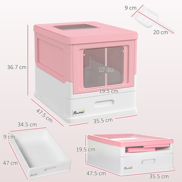 PawHut Litieră Acoperită pentru Pisici cu Lopățică Inclusă, Tavă Detașabilă și 2 Uși, 47,5x35,5x36,7 cm, Roz | Aosom Romania