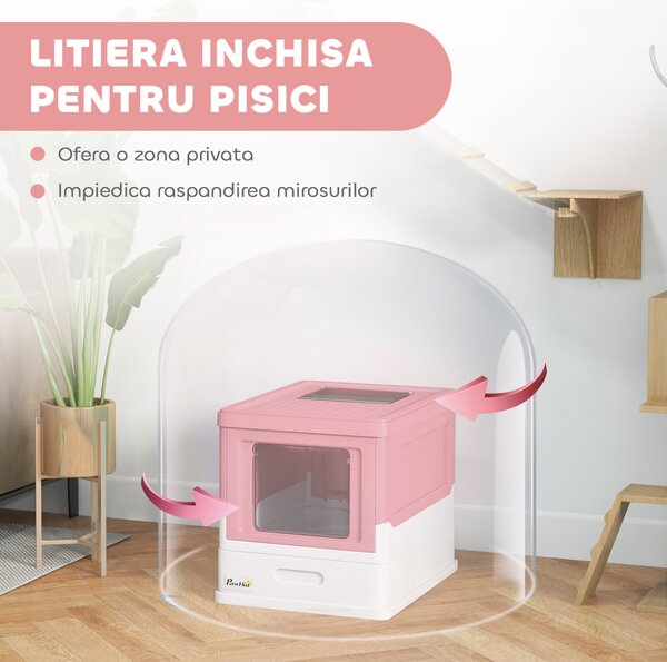 PawHut Litieră Acoperită pentru Pisici cu Lopățică Inclusă, Tavă Detașabilă și 2 Uși, 47,5x35,5x36,7 cm, Roz | Aosom Romania