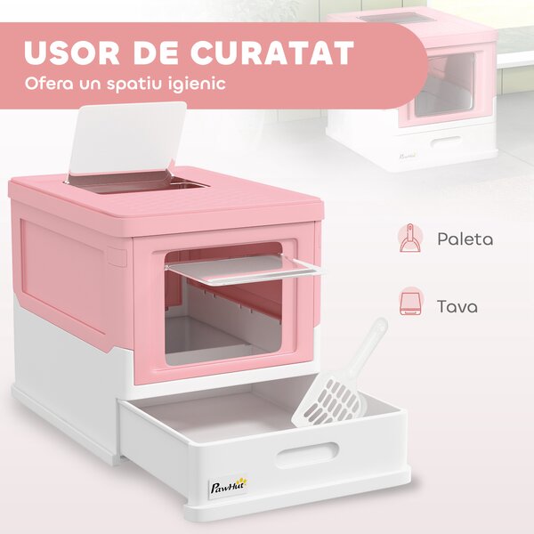 PawHut Litieră Acoperită pentru Pisici cu Lopățică Inclusă, Tavă Detașabilă și 2 Uși, 47,5x35,5x36,7 cm, Roz | Aosom Romania