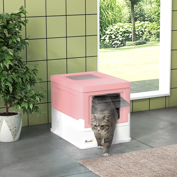 PawHut Litieră Acoperită pentru Pisici cu Lopățică Inclusă, Tavă Detașabilă și 2 Uși, 47,5x35,5x36,7 cm, Roz | Aosom Romania