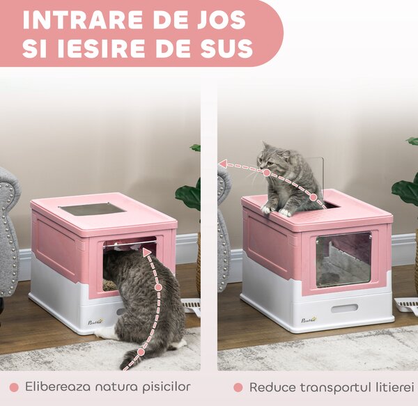 PawHut Litieră Acoperită pentru Pisici cu Lopățică Inclusă, Tavă Detașabilă și 2 Uși, 47,5x35,5x36,7 cm, Roz | Aosom Romania