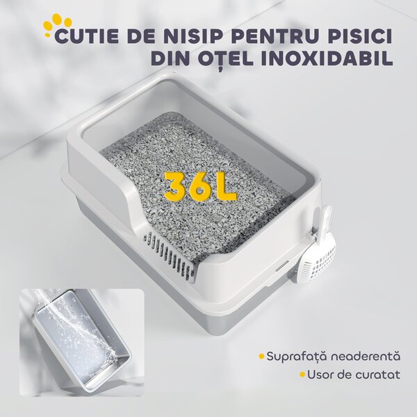 PawHut Litieră Inox, Bord Detasabil, Antimiros | Aosom Romania