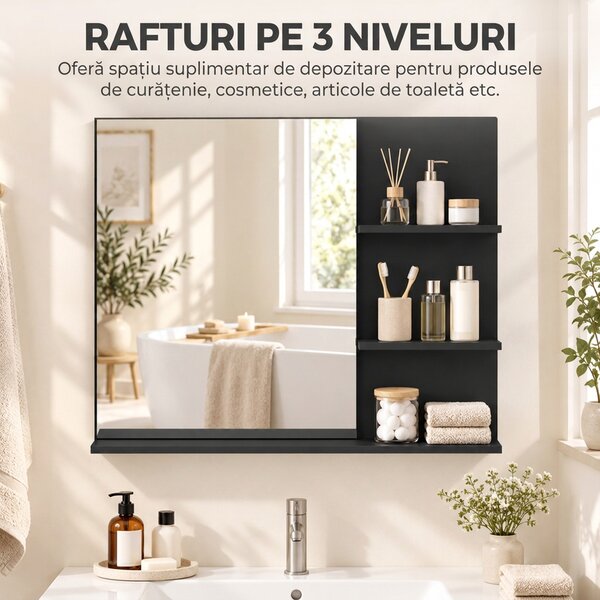 Kleankin Oglindă de Baie cu 3 Rafturi pentru Depozitare, Negru | Aosom Romania