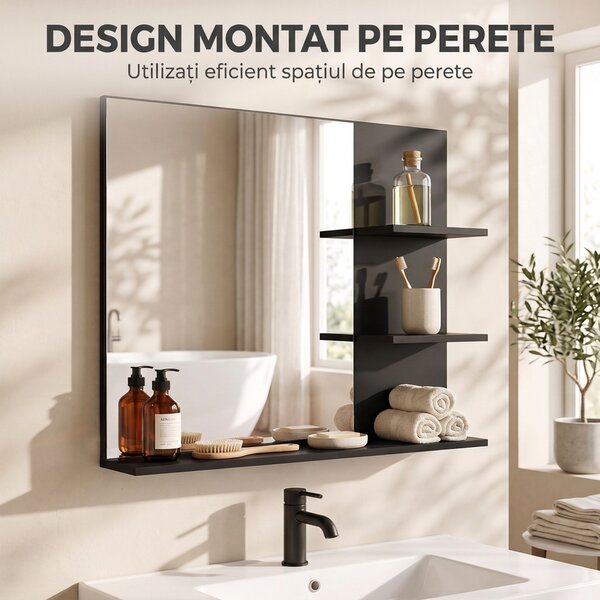 Kleankin Oglindă de Baie cu 3 Rafturi pentru Depozitare, Negru | Aosom Romania