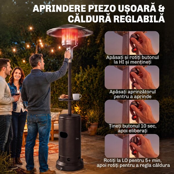 Outsunny Încălzitor de terasă cu gaz 13 kW, cu roți și măsuță, maro | Aosom Romania