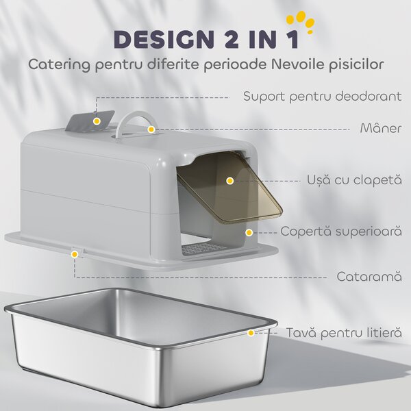 PawHut Litieră din Oțel Inoxidabil pentru Pisici cu Capac Detasabil, Lopățică, Pungi Filtrante, pentru Pisici Mari, Gri și Argintiu | Aosom Romania