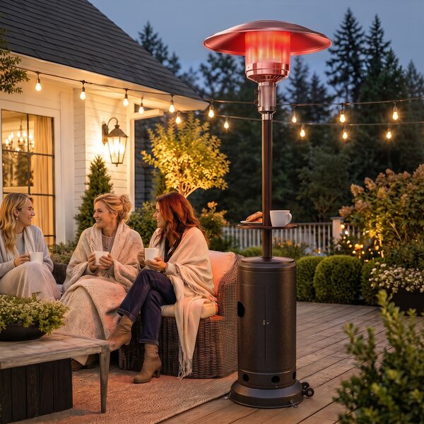Outsunny Încălzitor de terasă cu gaz 13 kW, cu roți și măsuță, maro | Aosom Romania