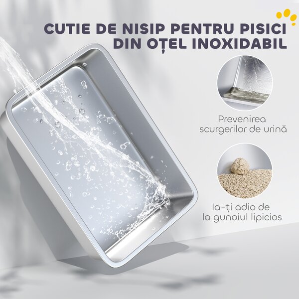 PawHut Litieră din Oțel Inoxidabil pentru Pisici cu Capac Detasabil, Lopățică, Pungi Filtrante, pentru Pisici Mari, Gri și Argintiu | Aosom Romania