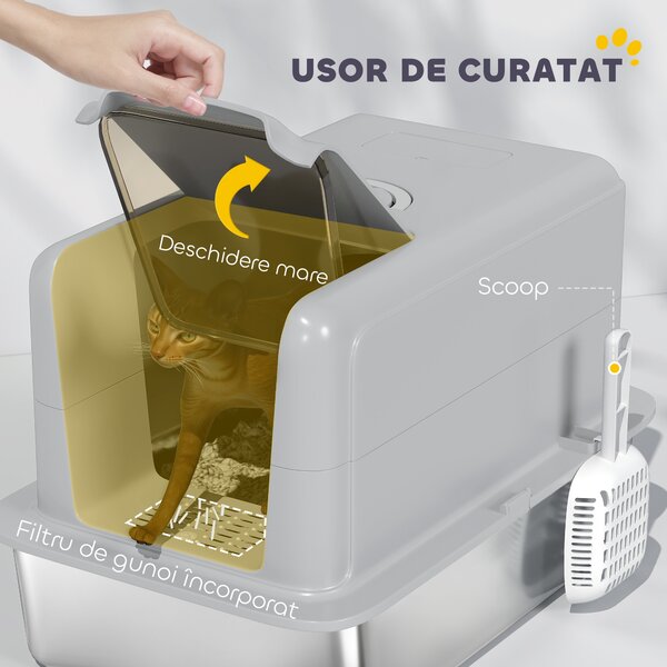 PawHut Litieră din Oțel Inoxidabil pentru Pisici cu Capac Detasabil, Lopățică, Pungi Filtrante, pentru Pisici Mari, Gri și Argintiu | Aosom Romania