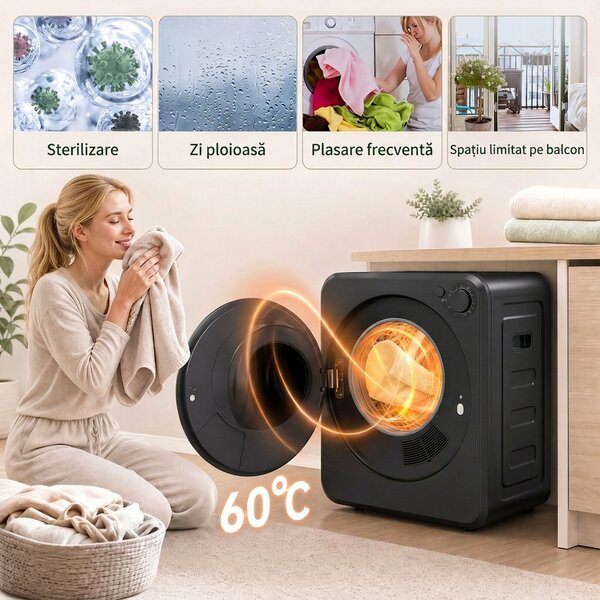 HOMCOM Mini Uscător Rufe Portabil 2,5Kg, 5 Programe, 800W, Încărcare Frontală, Negru | Aosom Romania