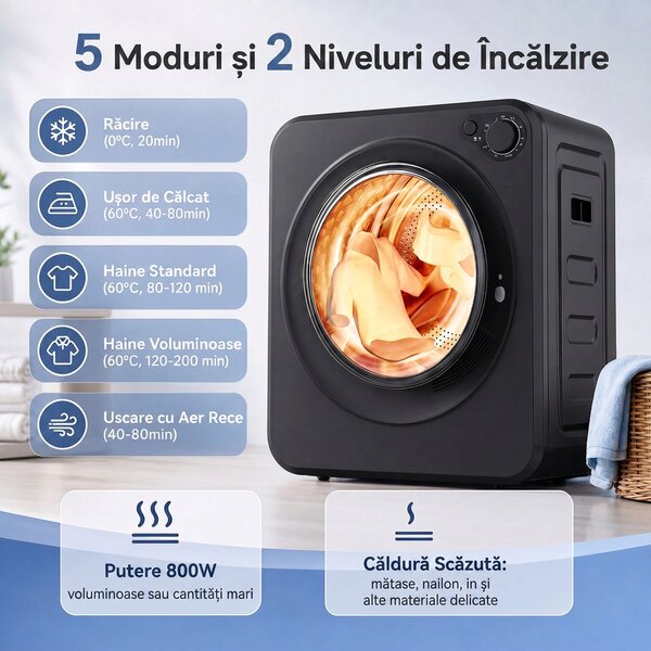 HOMCOM Mini Uscător Rufe Portabil 2,5Kg, 5 Programe, 800W, Încărcare Frontală, Negru | Aosom Romania