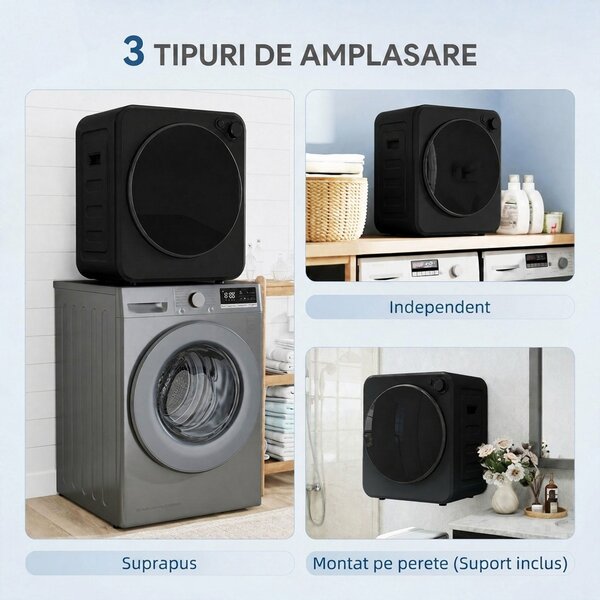 HOMCOM Mini Uscător Rufe Portabil 2,5Kg, 5 Programe, 800W, Încărcare Frontală, Negru | Aosom Romania