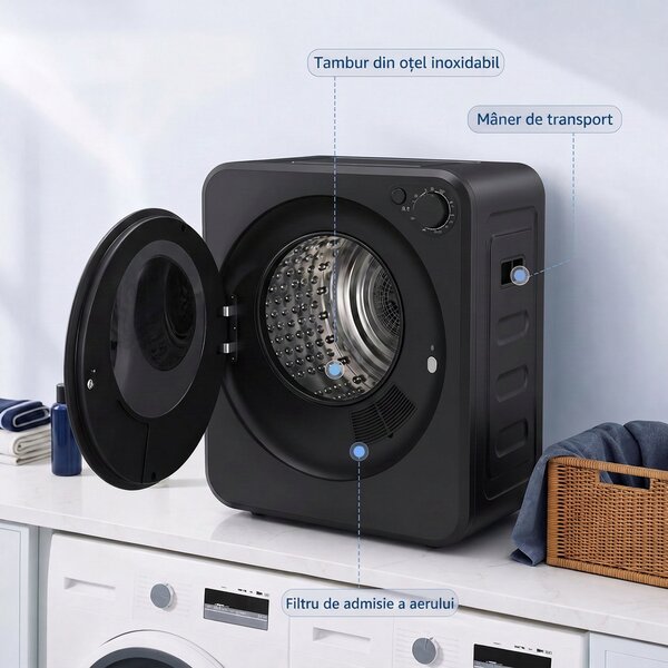 HOMCOM Mini Uscător Rufe Portabil 2,5Kg, 5 Programe, 800W, Încărcare Frontală, Negru | Aosom Romania
