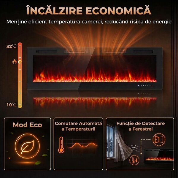 HOMCOM Șemineu Electric Încastrabil cu Flacără Independentă, 3 Moduri de Încălzire și Telecomandă, 152,4 x 9,4 x 47 cm, Negru | Aosom Romania