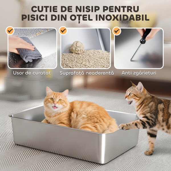 PawHut Litieră închisă pentru pisici de 80L cu tavă detașabilă, din ABS și oțel inoxidabil, 63x43x43 cm, gri deschis | Aosom Romania