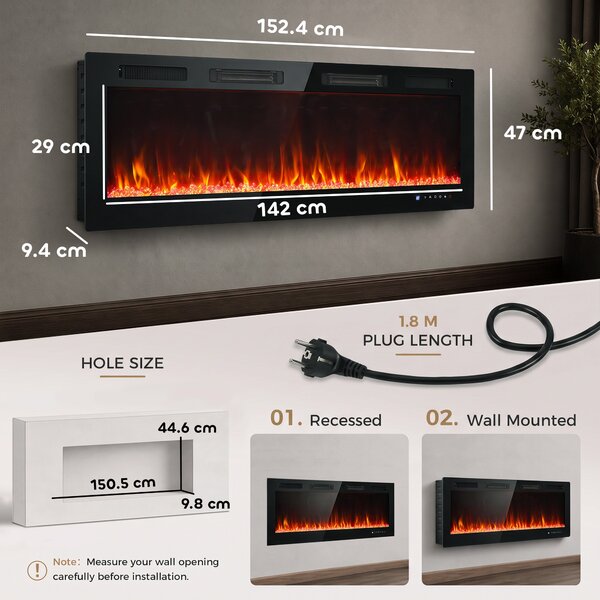 HOMCOM Șemineu Electric Încastrabil cu Flacără Independentă, 3 Moduri de Încălzire și Telecomandă, 152,4 x 9,4 x 47 cm, Negru | Aosom Romania