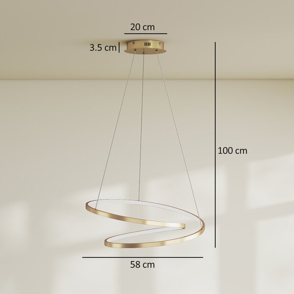HOMCOM Lampă suspendată LED 38W cu 2 inele și 3 temperaturi de culoare, 3000-6500K, înălțime reglabilă, auriu | Aosom Romania