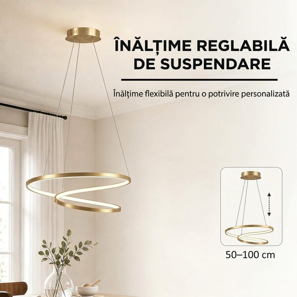 HOMCOM Lampă suspendată LED 38W cu 2 inele și 3 temperaturi de culoare, 3000-6500K, înălțime reglabilă, auriu | Aosom Romania