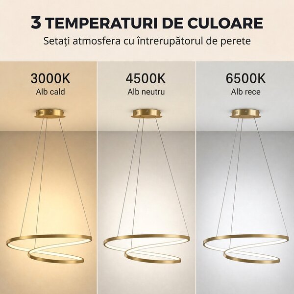 HOMCOM Lampă suspendată LED 38W cu 2 inele și 3 temperaturi de culoare, 3000-6500K, înălțime reglabilă, auriu | Aosom Romania