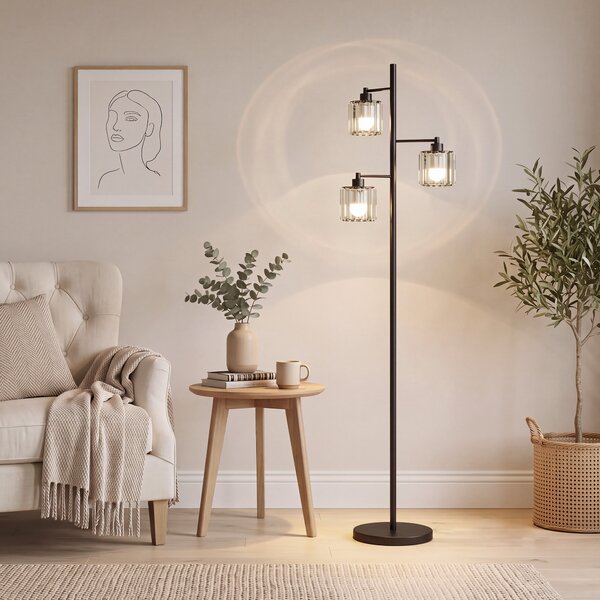 HOMCOM Lampă de Podea 40W, 3 Becuri LED E27, Telecomandă Magnetică, Dimabilă, 3 Temperaturii de Culoare, Negru | Aosom Romania