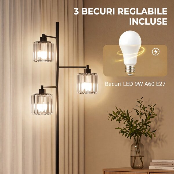HOMCOM Lampă de Podea 40W, 3 Becuri LED E27, Telecomandă Magnetică, Dimabilă, 3 Temperaturii de Culoare, Negru | Aosom Romania