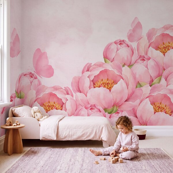 Fototapet Flori roz cu un fluture, Fototapet fluturi, Fototapet populare, t01101 - Tapeko.ro