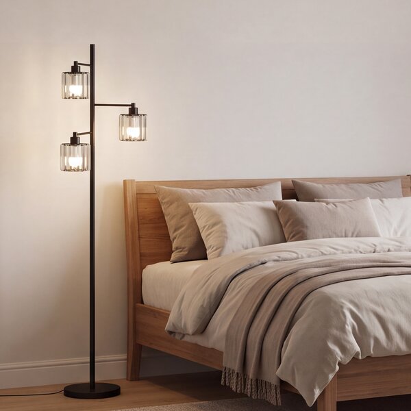 HOMCOM Lampă de Podea 40W, 3 Becuri LED E27, Telecomandă Magnetică, Dimabilă, 3 Temperaturii de Culoare, Negru | Aosom Romania