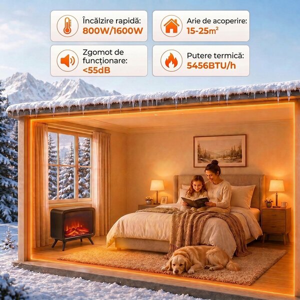 HOMCOM Șemineu electric de masă 800W/1600W cu bază detașabilă, efect de flacără LED, până la 25 m², negru | Aosom Romania