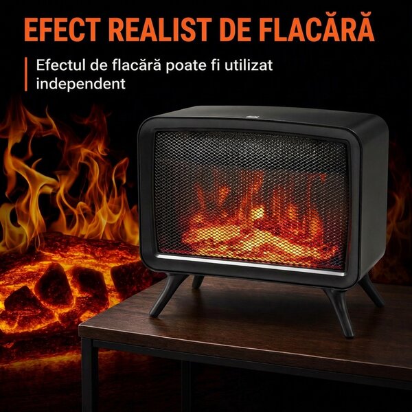 HOMCOM Șemineu electric de masă 800W/1600W cu bază detașabilă, efect de flacără LED, până la 25 m², negru | Aosom Romania