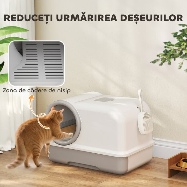 PawHut Litieră pentru Pisici cu Capac, Litiere Pisici cu Tavă și Lopățică Inclusă, Saci Deodorant, Ușor de Curățat, Alb și Gri | Aosom Romania