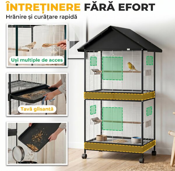 PawHut Colivie Mare pentru Păsări cu Roți, Tavă Detașabilă, Stinghii, Acoperiș și Hrănitori, pentru Papagali și Canari, Negru | Aosom Romania