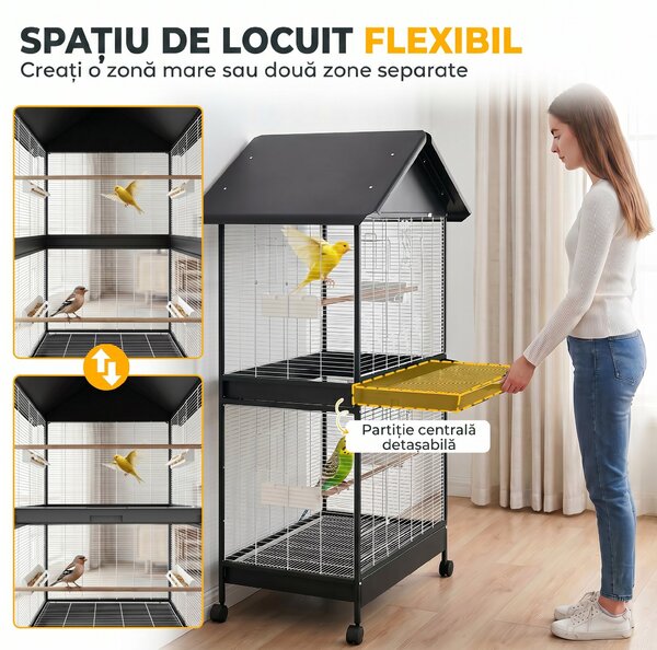 PawHut Colivie Mare pentru Păsări cu Roți, Tavă Detașabilă, Stinghii, Acoperiș și Hrănitori, pentru Papagali și Canari, Negru | Aosom Romania