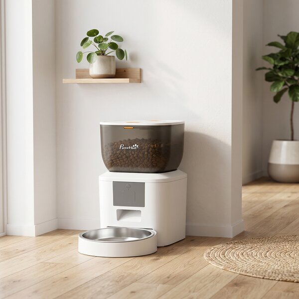 PawHut Distribuitor Automat de Hrană pentru Pisici 4L, WiFi 2.4G, Control App cu Înregistrare 10s, Bol, Alb | Aosom Romania