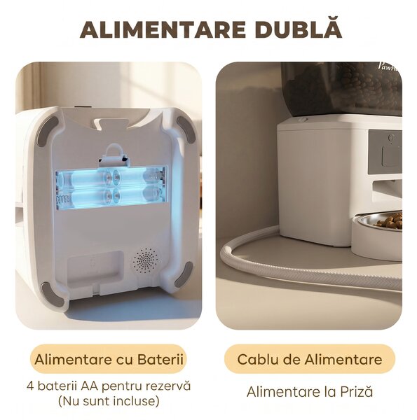 PawHut Distribuitor Automat de Hrană pentru Pisici 4L, WiFi 2.4G, Control App cu Înregistrare 10s, Bol, Alb | Aosom Romania