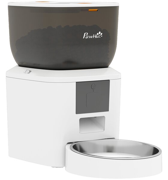 PawHut Distribuitor Automat de Hrană pentru Pisici 4L, WiFi 2.4G, Control App cu Înregistrare 10s, Bol, Alb | Aosom Romania