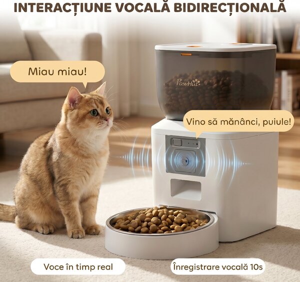 PawHut Distribuitor Automat de Hrană pentru Pisici și Câini 4L, WiFi 2,4G, Control din Aplicație cu Cameră, Bol, Alb | Aosom Romania