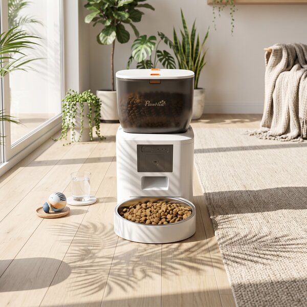 PawHut Distribuitor Automat de Hrană pentru Pisici și Câini 4L, WiFi 2,4G, Control din Aplicație cu Cameră, Bol, Alb | Aosom Romania