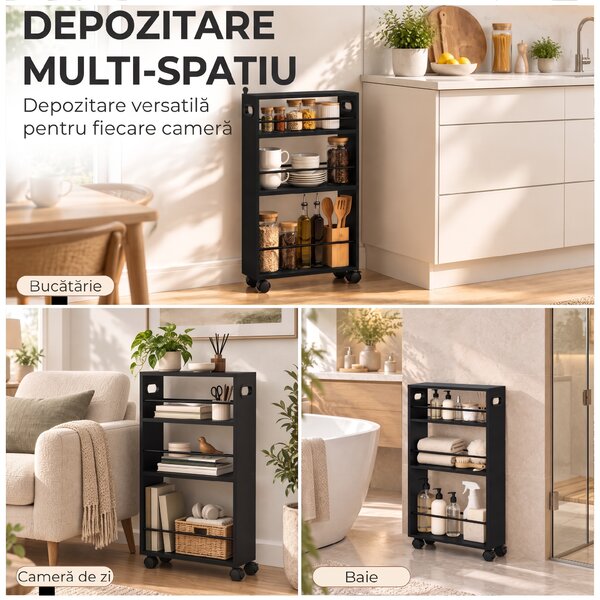 HOMCOM Cărucior pentru Bucătărie și Baie, 3 Niveluri, Bare Laterale și Roți cu Frână, Negru | Aosom Romania