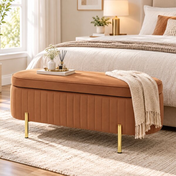HOMCOM Banchetă Ovală cu Depozitare 72 L, cu Capac Rabatabil, din Material Catifelat și Lemn, 108x44x43,5 cm, Maro Auriu | Aosom Romania
