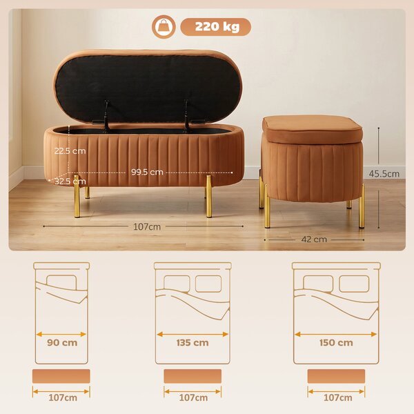 HOMCOM Banchetă Ovală cu Depozitare 72 L, cu Capac Rabatabil, din Material Catifelat și Lemn, 108x44x43,5 cm, Maro Auriu | Aosom Romania