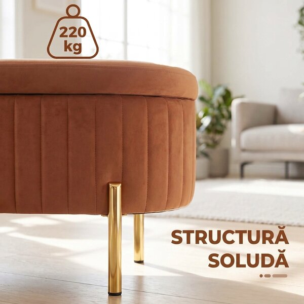 HOMCOM Banchetă Ovală cu Depozitare 72 L, cu Capac Rabatabil, din Material Catifelat și Lemn, 108x44x43,5 cm, Maro Auriu | Aosom Romania
