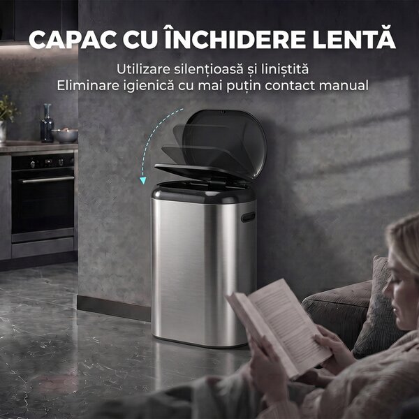 HOMCOM Coș de gunoi automat cu senzor cu infraroșu, 50 l, din oțel inoxidabil anti-amprentă, cu închidere amortizată, argintiu | Aosom Romania