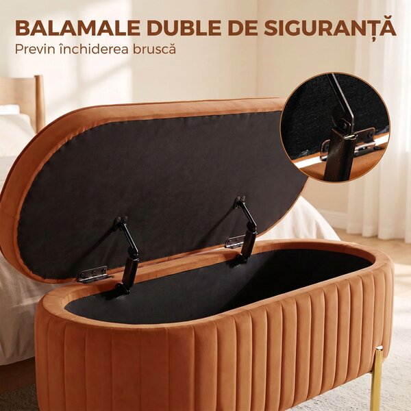 HOMCOM Banchetă Ovală cu Depozitare 72 L, cu Capac Rabatabil, din Material Catifelat și Lemn, 108x44x43,5 cm, Maro Auriu | Aosom Romania