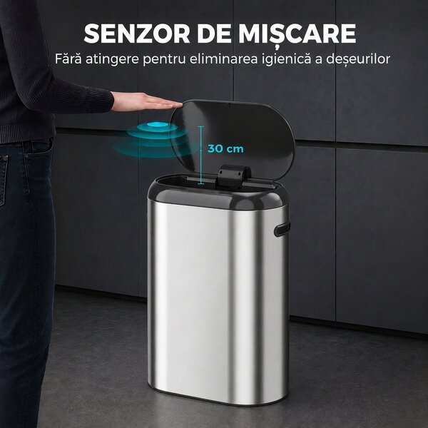 HOMCOM Coș de gunoi automat cu senzor cu infraroșu, 50 l, din oțel inoxidabil anti-amprentă, cu închidere amortizată, argintiu | Aosom Romania