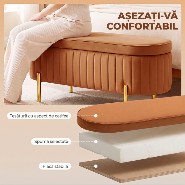 HOMCOM Banchetă Ovală cu Depozitare 72 L, cu Capac Rabatabil, din Material Catifelat și Lemn, 108x44x43,5 cm, Maro Auriu | Aosom Romania