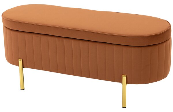 HOMCOM Banchetă Ovală cu Depozitare 72 L, cu Capac Rabatabil, din Material Catifelat și Lemn, 108x44x43,5 cm, Maro Auriu | Aosom Romania
