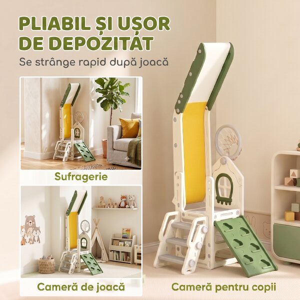 AIYAPLAY Tobogan pentru Copii 1-3 Ani cu Platformă de Cățărare, Coș de Baschet, Spațiu de Depozitare, Trepte Antiderapante, Crem | Aosom Romania