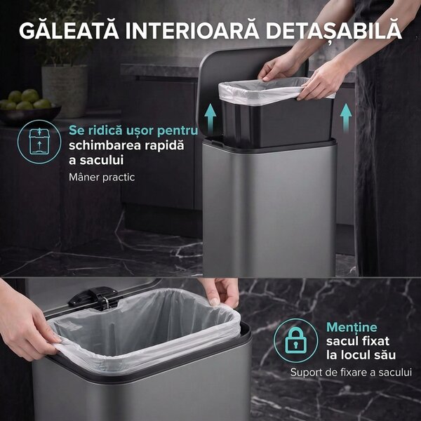 HOMCOM Coș de gunoi dreptunghiular cu pedală 30L, cu găleată interioară detașabilă, închidere silențioasă, mâner, gri închis | Aosom Romania