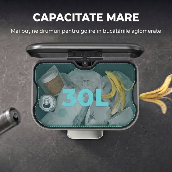 HOMCOM Coș de gunoi dreptunghiular cu pedală 30L, cu găleată interioară detașabilă, închidere silențioasă, mâner, gri închis | Aosom Romania