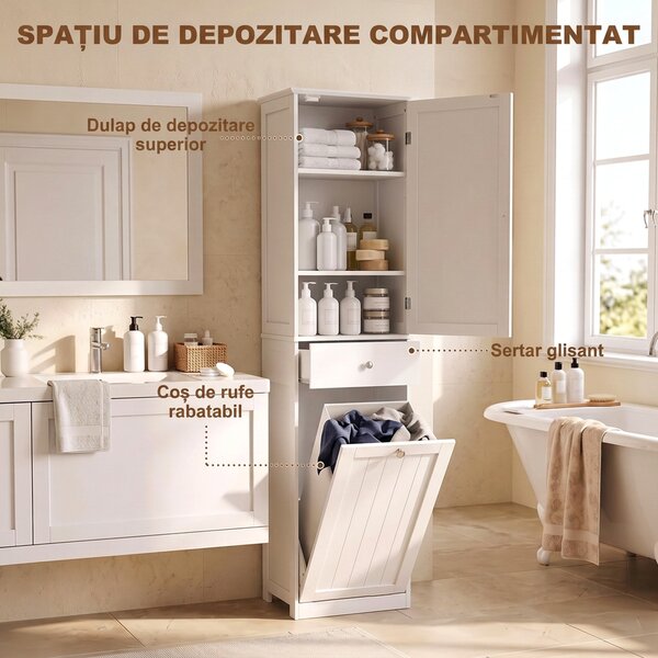 HOMCOM Dulap de baie tip coloană 180 cm cu coș de rufe rabatabil, alb | Aosom Romania